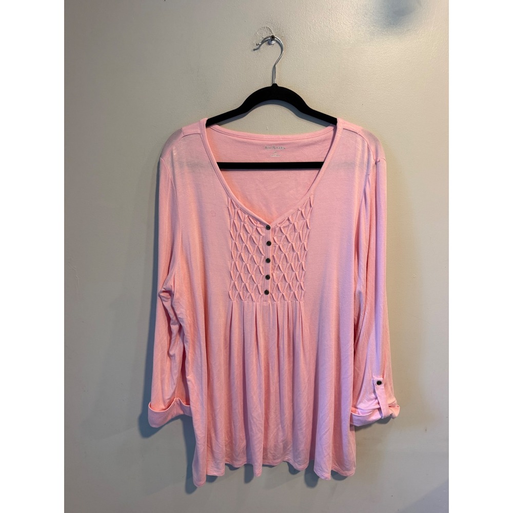 Kim Rogers Women XL Pink Smocked V-Neck Roll Tab Sleeve Knit Top Blouse